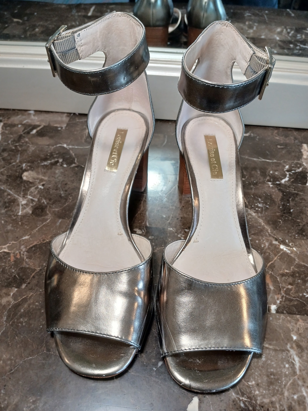 Louise et Cie Metallic Silver Ankle-Strap Block Heels